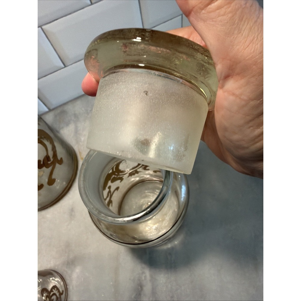 Set Of 5 Antique Clear Glass Apothecary Pharmacy Lidded Jars Gold Hand Decorated - Picture 12 of 16